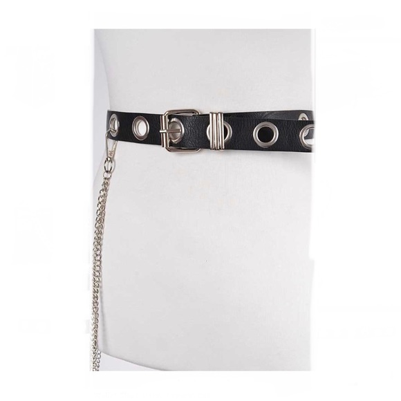 Black Faux Leather Belt with Chains - Picture 3 of 5